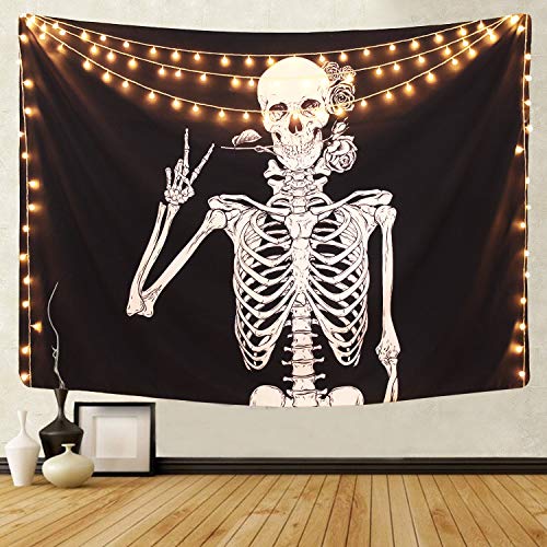 Product Cover Martine Mall Rock and Roll Skull Tapestries, Funny Skull Human Skeleton Tapestry Wall Hanging for Room Decoration, Black and White Wall Art