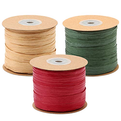 Product Cover Resinta 984 Feet Raffia Twine Craft Matte Raffia Paper String Christmas Gift Packing Ribbon for Craft DIY Supply, Christmas,Wrapping Hanging Tags, 3 Rolls, Red, Green, Kraft