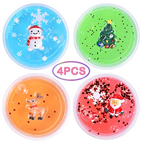 Product Cover LEEHUR Christmas Party Favors Slime 4Pcs Clear Crystal Stretchy Putty Stocking Stuffers Clay Sludge Squeeze Toys for Kids Adult Stress Relief Christmas Stocking Stuffers Birthday Class Prize