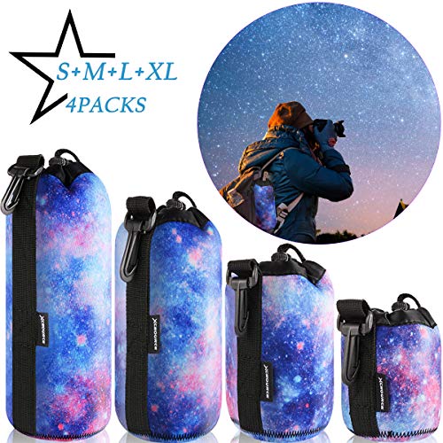 Product Cover Lens Case Protective Pouch Bag, DSLR Camera Lens Neoprene Storage Set for Sony, Canon, Nikon, Panasonic, Individual Waterproof Drawstring Sacks with Snap Hook, S+M+L+XL 4 Pack, Mysterious Starry Sky