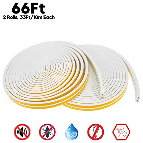 Product Cover Door Weather Stripping,Insulation Seal Strip for Doors and Windows,Self-adhisive Foam Door Seal Strip,Soundproof Seal Weather Strip Gap Blocker Epdm,Total 66Ft Long(2 Rolls,33Ft/10m Each,White)