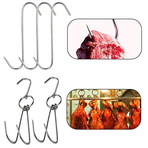 Product Cover TinaWood 2pcs Stainless Steel Double Hooks + 3pcs S-Hooks for Bacon Hams Meat Processing Butcher Hook Hanging Drying BBQ Grill Cooking Smoker Hook Tool
