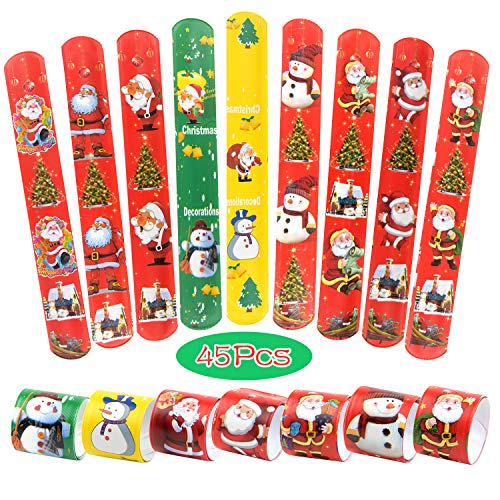 Product Cover TUPARKA 45 PCS Christmas Slap Bracelets Slap Wrist Bands with Santa Claus Snowman Christmas Tree Patterns for Kids Christmas Party Bag Fillers Favours Holiday Goodie Bag Little Toys (45 Pcs)
