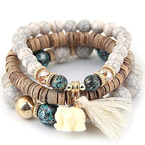 Product Cover Didade New Women Fashion Wood Beads Bracelets Boho Small Elephant Charm Bracelets Set Vintage Style Jewelry (White)