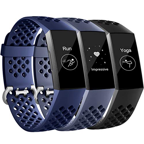 Product Cover Maledan Bands Compatible with Fitbit Charge 3, Replacement Accessories Breathable Sport Band Wristbands with Air Holes for Charge 3 and Charge 3 SE, 3 Pack, Black/Navy Blue/Blue Gray, Small