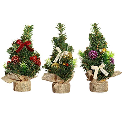 Product Cover SUNREEK 3 Pieces Mini Artificial Christmas Tree with Ornaments - Perfect Christmas Decoration for Table and Desk Tops, Small 8inch/20cm Tall Christmas Pine Tree for Your Home or Office
