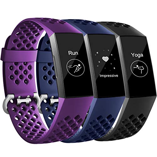 Product Cover Maledan Bands Compatible with Fitbit Charge 3, Replacement Accessories Breathable Sport Band Wristbands with Air Holes for Charge 3 and Charge 3 SE, 3 Pack, Black/Navy Blue/Plum, Small