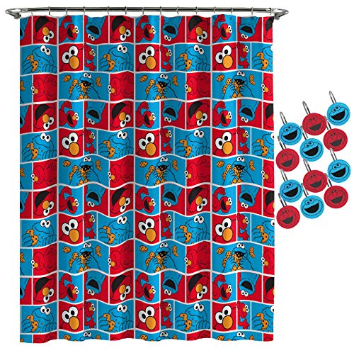 Product Cover Jay Franco Sesame Street Elmo Cookie Squares Shower Curtain & 12-Piece Hook Set & Easy Use - Kids Bath Features Elmo & Cokie Monster (Official Sesame Street Product)