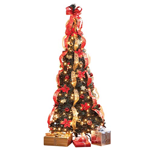 Product Cover HOLIDAY PEAK 7' Pull-Up Poinsettia Christmas Tree, Pre-Lit and Fully Decorated, Collapses for Easy Storage