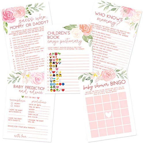 Product Cover Printed Party Floral Baby Shower Game Set Contains 5 Games 50 Sheets Each Fun Baby Shower Games & Activities Includes Baby Prediction and Advice Emoji Bingo Who Knows Mommy and Guess Who Games