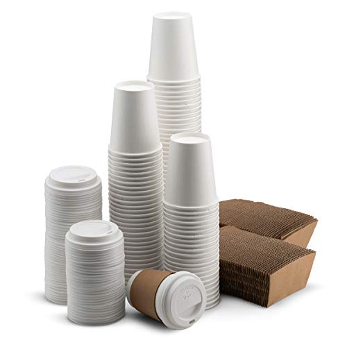 Product Cover NYHI 200-Pack 8 oz White Paper Disposable Cups with Lids and Sleeves- Hot/Cold Beverage Drinking Cup for Water, Juice, Coffee or Tea - Ideal for Water Coolers, Party, or Coffee On The Go'