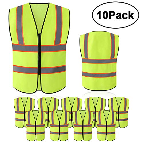 Product Cover Tekware Safety Vest with High Reflective Strips, Pack of 10 Bright Neon Color Construction Protector with Zipper