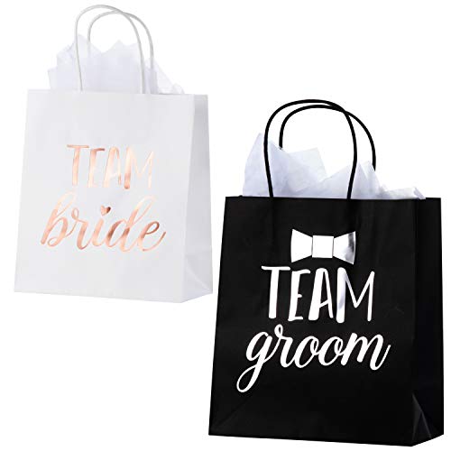 Product Cover Bridesmaid and Groomsmen Gift Bags - 20-Pack Bridal Party Favor Treat Bags with Metallic Silver and Rose Gold Foil - Includes 20 Tissue Sheets - Team Groom and Team Bride Design, 8 x 4 x 9 Inches