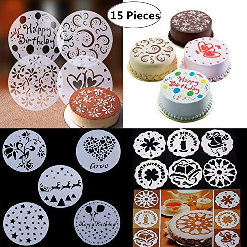 Product Cover 15-Pack Cake Decorating Stencil Molds, Magnoloran Wedding Cake Stencils Cake Templates Spray Floral Cake Molds, Wedding Cake Decorating Stencil Baking Tools, Dessert Decorating Molds