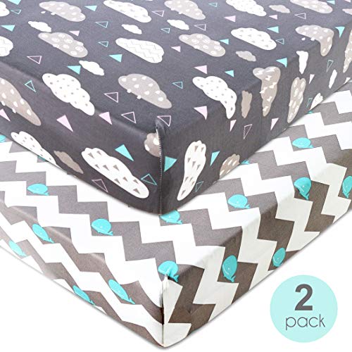 Product Cover COSMOPLUS Knitted Crib Sheet Set -2 Pack Stretchy Crib Sheets for Boys Girls,Universal Knit Fitted for Standard Baby Toddler Crib,Whale/Cloud