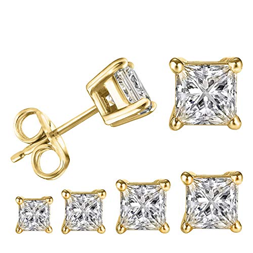 Product Cover LIEBLICH Princess Cut Cubic Zirconia Stud Earrings Stainless Steel Square Earrings Set 4 Pairs 3mm-6mm (Gold)