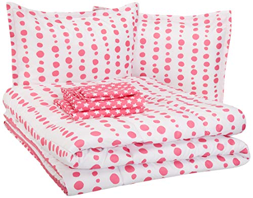 Product Cover AmazonBasics Easy Care Super Soft Microfiber Kid's Bed-in-a-Bag Bedding Set - Full / Queen, Pink Dotted Line