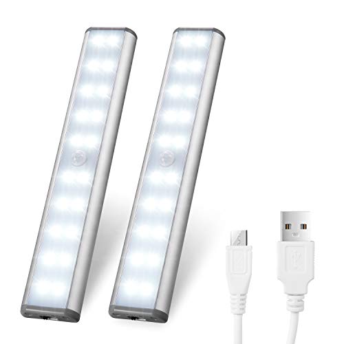 Product Cover Motion Sensor Cabinet Lights,USB Rechargeable 20 LED Portable Cordless Closet Lighting,Wireless Under Counter Light Bar, Magnetic Removable Stick-On Anywhere for Wardrobe/Cupboard/Stairs (2 Pack)