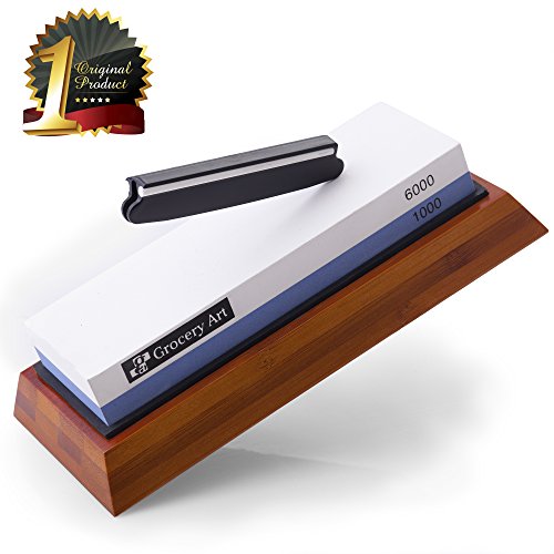 Product Cover Whetstone Knife Sharpener - Knife Sharpening Stone - Waterstone 1000-6000 Grit with Non-Slip Bamboo Base and Angle Guide - Best Wet Stone Kitchen Knives Sharpening Kit