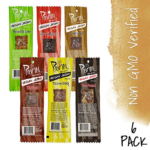 Product Cover Primal Spirit Vegan Jerky - 6 Flavor Variety 6-Pack, 10g. Plant Based Protein, Certified Non-GMO (