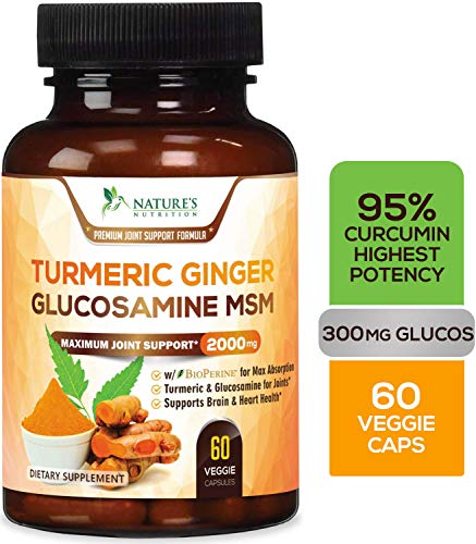 Product Cover Turmeric Curcumin with Ginger, Glucosamine & MSM 2000mg 95% Curcuminoids, Bioperine for Best Absorption, Best Joint Pain Relief, Made in USA, Turmeric Pills by Natures Nutrition - 60 Capsules