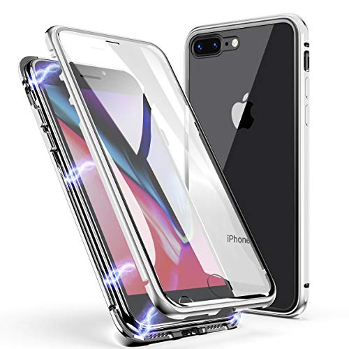 Product Cover iPhone 7 Plus Case, iPhone 8 Plus Case, ZHIKE Magnetic Adsorption Case Front and Back Tempered Glass Full Screen Coverage One-Piece Design Flip Cover for Apple iPhone 7 Plus/8 Plus (Clear White)