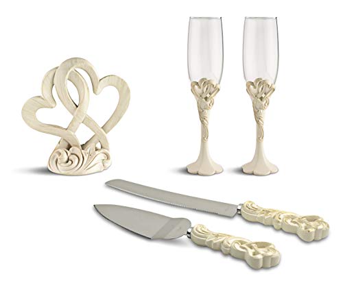 Product Cover Fashioncraft Wedding Reception Cake Topper Centerpiece with Knife and Server Set and Toasting Flute Glasses (Vintage Double Heart)