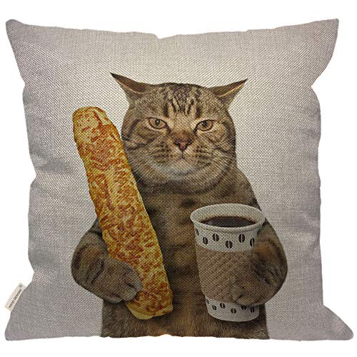 Product Cover HGOD DESIGNS Funny Cat Throw Pillow Cover,The Cat is Holding A Cup of Black Coffee and A Baguette Decorative Couch Sofa Bedroom Burlap Pillow Cases for Men/Women/Girls/Boy/Children Room 18x18 Inch