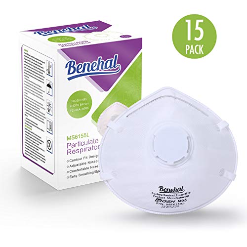 Product Cover Benehal N95 Disposable Dust Masks with Valve, NIOSH-Certified Particulate Respirator for Construction, Mowing, Home, Emergency Kits (MS6155L, 15-Pack) ... (MS6155L)