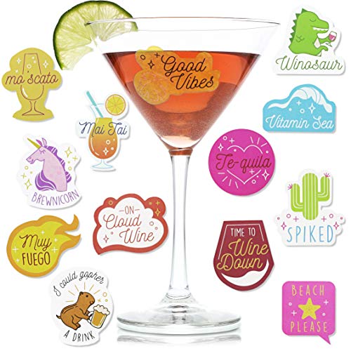 Product Cover Paper Junkie 47-Count Reusable Wine Drink Glass Sticker Cling Markers, 4 Sheets, Assorted Designs