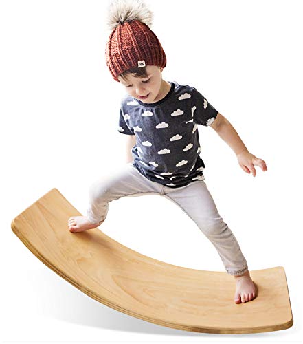 Product Cover HAN-MM Wooden Wobble Balance Board Waldorf Toys Balance Board Kid Yoga Board Curvy Board - Wooden Rocker Board 35 Inch Kid Size (Natural)