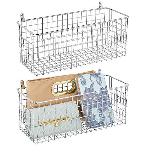 Product Cover mDesign Portable Metal Farmhouse Wall Decor Storage Organizer Basket Bin with Handles for Hanging in Entryway, Mudroom, Bedroom, Bathroom, Laundry Room - Wall Mount Hooks Included, 2 Pack - Chrome
