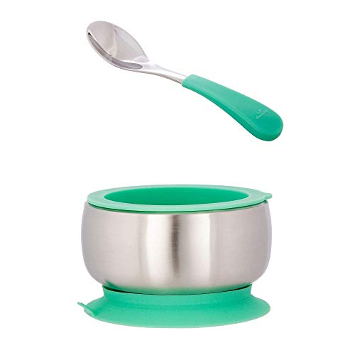 Product Cover Avanchy Baby Toddler Feeding | Stainless Steel Stay Put Bowl Suction + Soft Silicone Handle Spoon + Lid Set | BPA Free | Great Infant Gift Pack (Baby, Green)