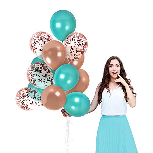 Product Cover Valentines Day Party Supplies 44 Pack Turquoise and Rose Gold Metallic Balloons 12 Inch Rose Gold Confetti Balloon for Bridal Shower Wedding Engagement Party Birthday Graduation Party Decorations