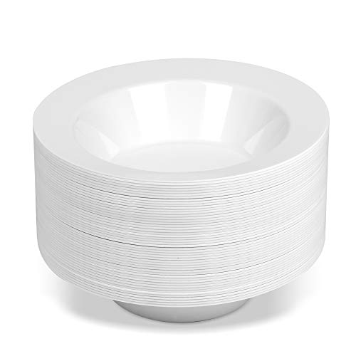 Product Cover 50 Large Disposable White Plastic Soup Bowls | 14 oz. Premium Heavy Duty Disposable Dinnerware with Real China Design (50-Pack) by Bloomingoods