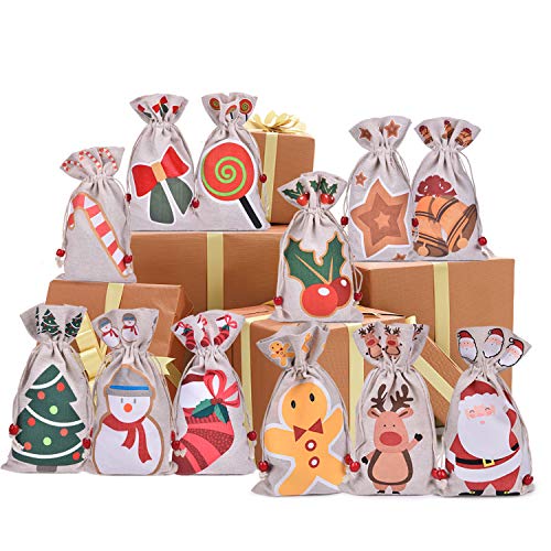 Product Cover 12 Pack Christmas Linen Gift Bags with Drawstrings, Holiday Canvas Goodie Bags for Party Favors, Christmas Treat Bags