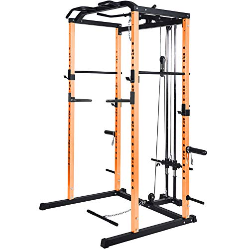 Product Cover Vanswe Power Rack Power Cage 1000-Pound Capacity Home Gym Equipment Exercise Stand Olympic Squat Cage with LAT Pull Attachment, Multi-Grip Pull-up Bar and Dip Handle (Orange)