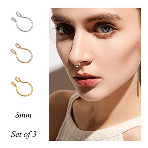 Product Cover Fake Septum Nose Ring Fake Nose Rings 20g Hoop Nose Ring Gold Rose Gold Silver 8mm Non Pierced Clip Nose Ring Faux Body Piercing Jewelry for Women Men 3 Pcs