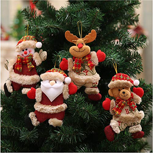 Product Cover Bcharm Christmas Tree Ornament Sets, 4pc Christmas Plush & Plaids Dolls for Decoration, Santa/Snowman/Elk/Bear