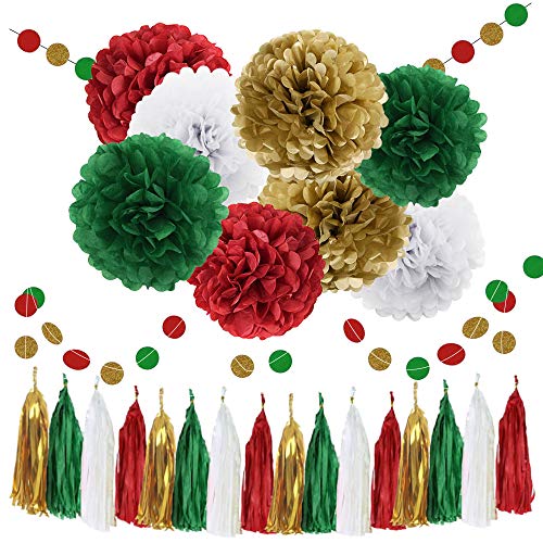 Product Cover WAYSLA Christmas Hanging Decorations 30pcs Green Red White Gold Bridal Shower Decorations Tissue Paper Pom Pom Tassel Garland Red Green Party Decorations Birthday Xmas Bachelorette Supplies