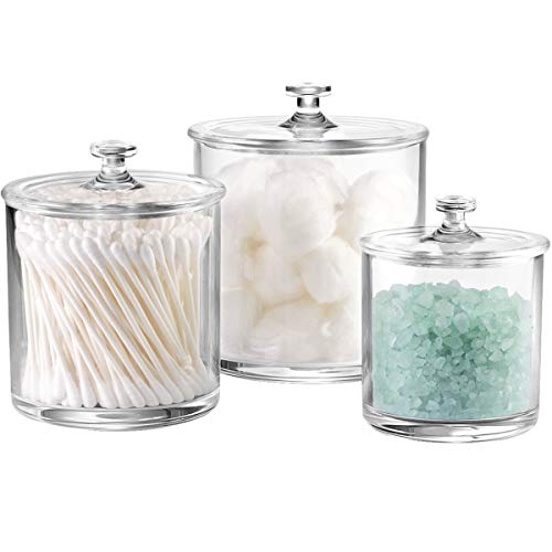 Product Cover Premium Quality Acrylic Qtip Holder Apothecary Jars Bathroom Vanity Organizer Canister for Qtips,Cotton Swabs,Cotton Balls,Cosmetic Pads,Flossers,Nail Polish,Bath Salts,Clear,Plastic | 3-Pack