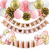 Product Cover BRT Baby Shower Decorations for Girl - Pink and Gold Baby Shower Decoration Itâ'¬s A girl & Baby Shower Banner with Paper Lantern Pompoms Flowers Honeycomb Ball Balloons Foil Tassel