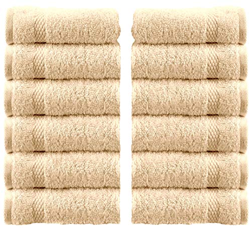 Product Cover White Classic Luxury Cotton Washcloths - Large Hotel Spa Bathroom Face Towel | 12 Pack | Beige
