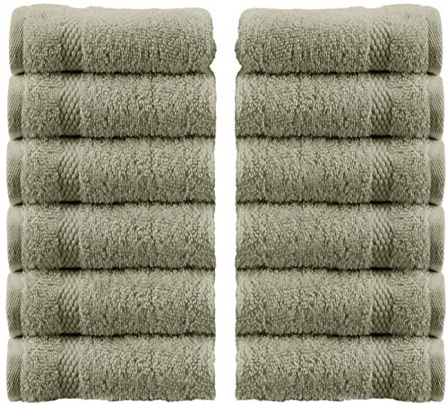 Product Cover White Classic Luxury Cotton Washcloths - Large Hotel Spa Bathroom Face Towel | 12 Pack | Green