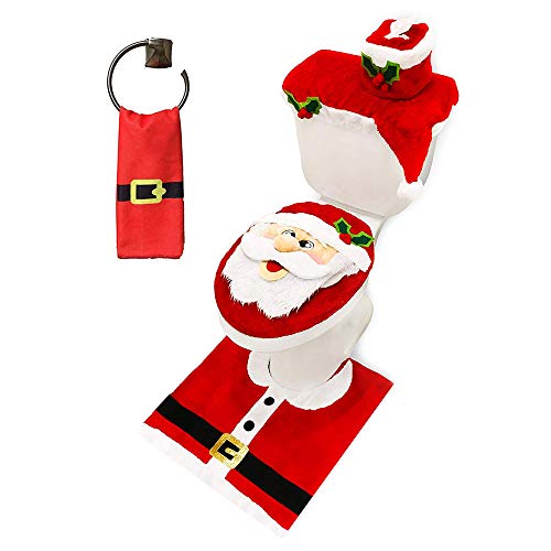 Product Cover JOYIN 5 Pieces Christmas Santa Theme Bathroom Decoration Set Includes Toilet Seat Cover, Rugs, Tank Cover, Toilet Paper Box Cover and Santa Towel for Xmas Indoor Décor, Party Favors