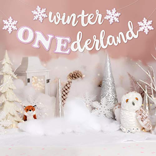 Product Cover Faisichocalato Winter Onederland Banner, Pink & White Snowflakes Garland Winter 1st Birthday Decor for Baby Girls Winter Onederland First Birthday Party Decorations