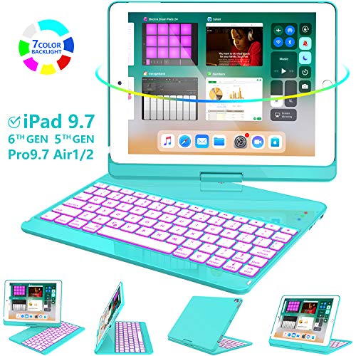 Product Cover iPad Keyboard Case 9.7 for iPad 2018 (6th Gen) - 2017(5th Gen) - iPad Pro 9.7 - Air 2 & 1, 360 Rotate 7 Color Backlit Wireless/BT iPad Case with Keyboard, Auto Sleep Wake, 9.7 inch, Tiffany Blue