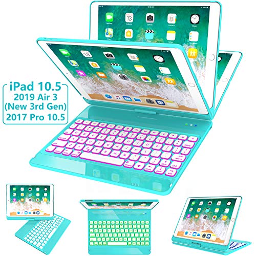 Product Cover iPad Pro 10.5 Case with Keyboard 2017/ iPad Air 3rd Gen Case with Keyboard 10.5 2019, 360 Rotate 7 Color Backlit Wireless Folio Keyboard Case Cover, Auto Wake Sleep/Silent Typing, Tiffany Blue