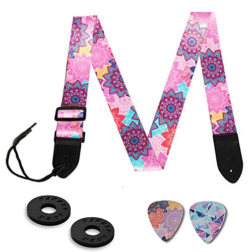 Product Cover Guitar Strap,Qielizi Guitar Strap with Leather End Length Adjustable 2 Pick Holders & 2 Matching Picks For Electric Guitar, Acoustic Guitar and Bass - Unique Gift For Guitarist(Colorful Flower)
