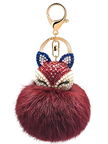 Product Cover PG ONE Rabbit Ball Keychain with Rhinestone Fox Head Keyring for Womens Bag or Cellphone or Car Pendant 1PC (Wine Red)
